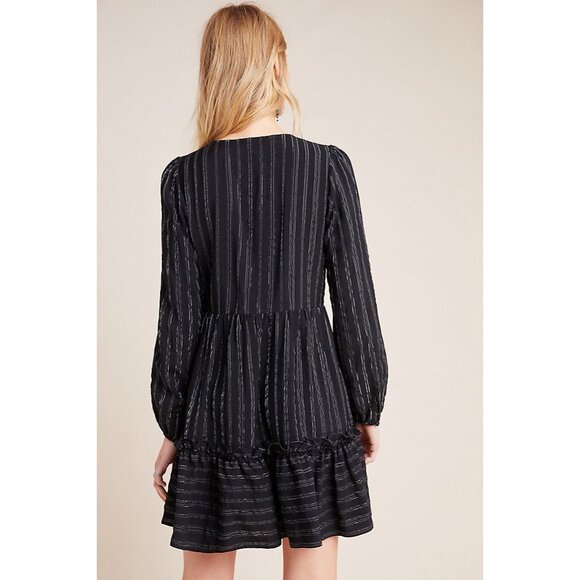 Anthropologie Ro & De Pippa Tiered Black Silver Pinstriped Long Sleeve Dress - Picture 3 of 11